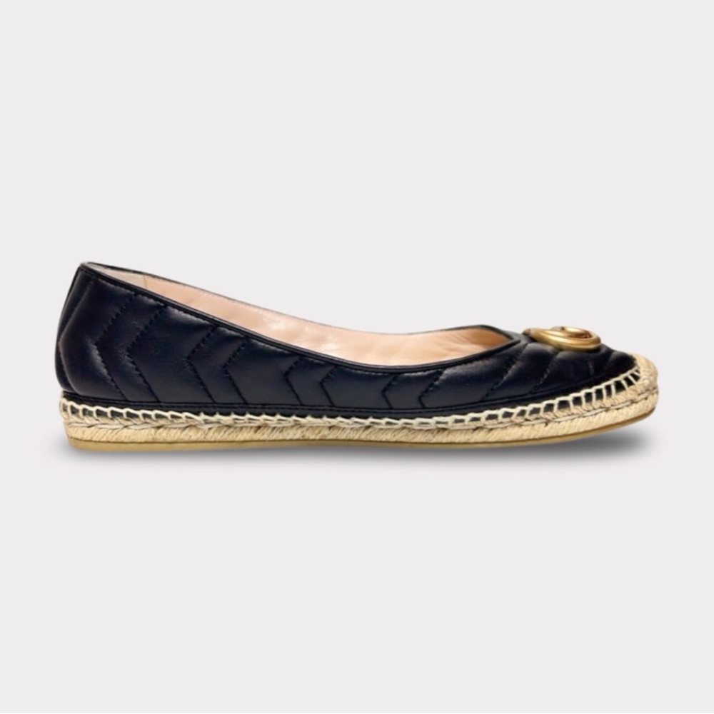 Gucci Black Quilted Leather Espadrille Flat with Gold Accent